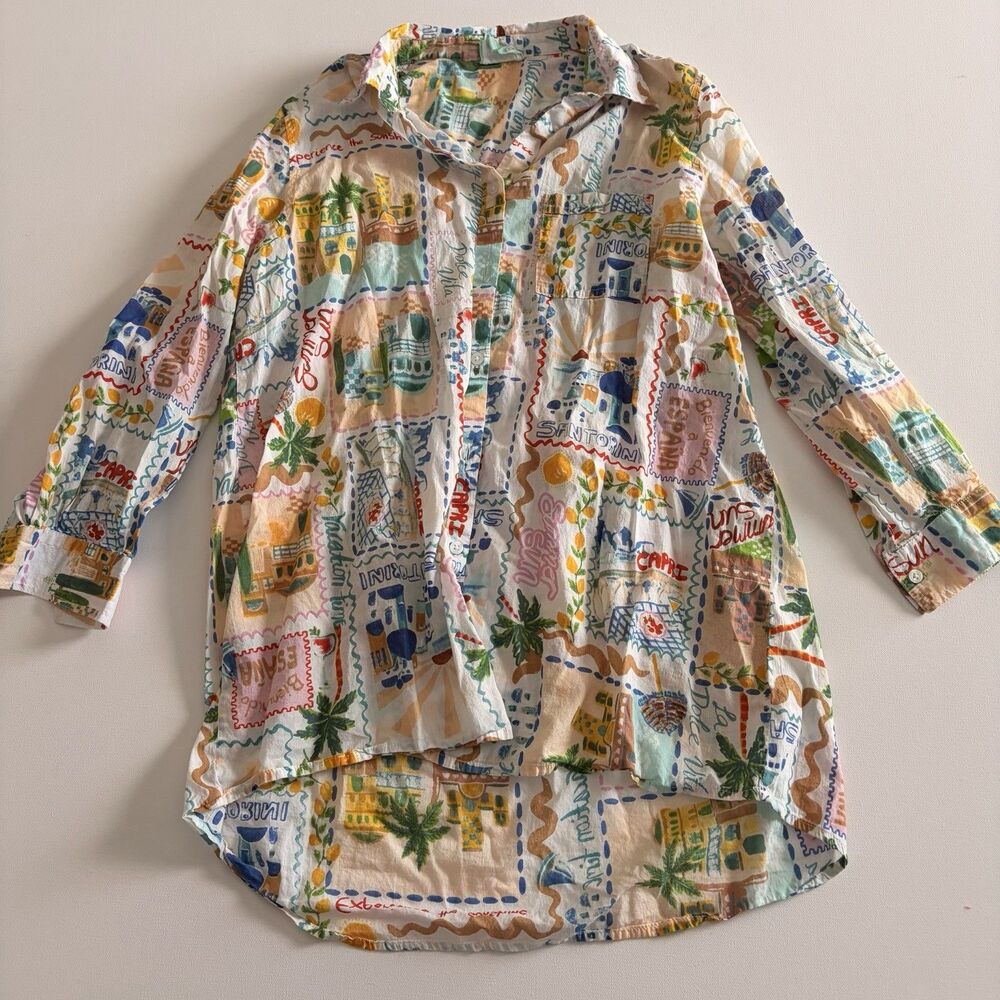 True Destination Multi Color Blouse Europe Cover-up Travel Themed Shirt Size M